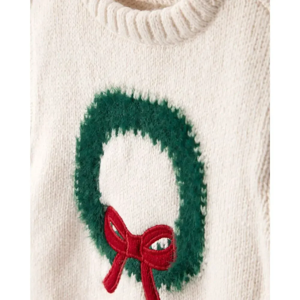 NEW! Carter's Size 5T Girls Wreath Long Sleeve Sweater White / Ivy
